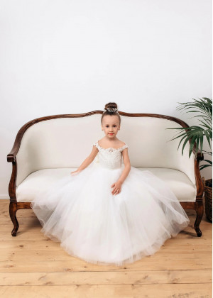 Ivory Lace Tulle V Back Flower Girl Dress With Removable Train